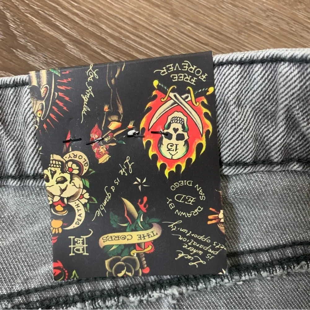 Ed Hardy grey wash Cross denim printed mini skirt L NWT